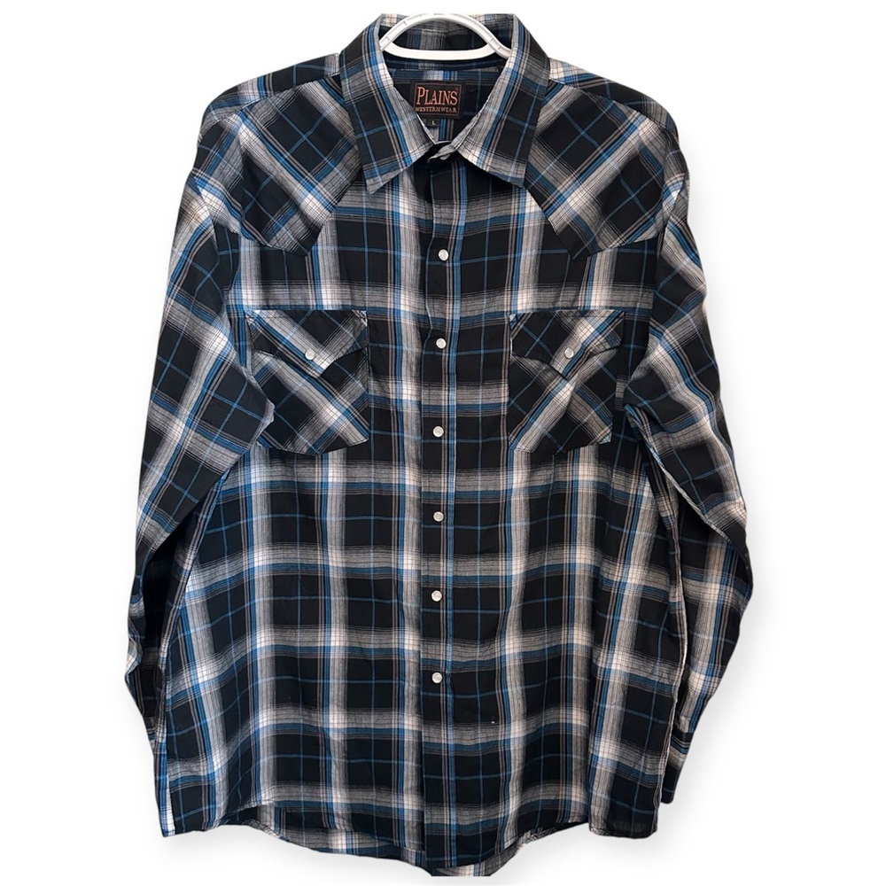 EUC PLAINS Western Wear Men's Black and Blue Plaid Button Down Shirt